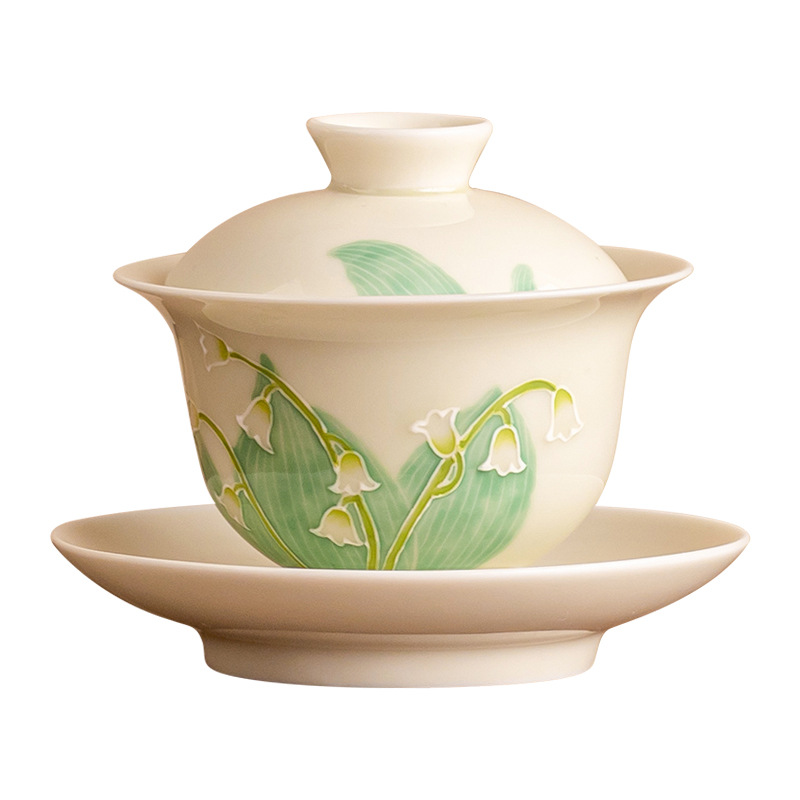 Vẽ tay đống chạm khắc hoa lan thung lũng ba tài bát trà cốc trà Kung Fu bát trà pha trà phong cách Trung Quốc đơn giản bộ trà Kung Fu hộp quà