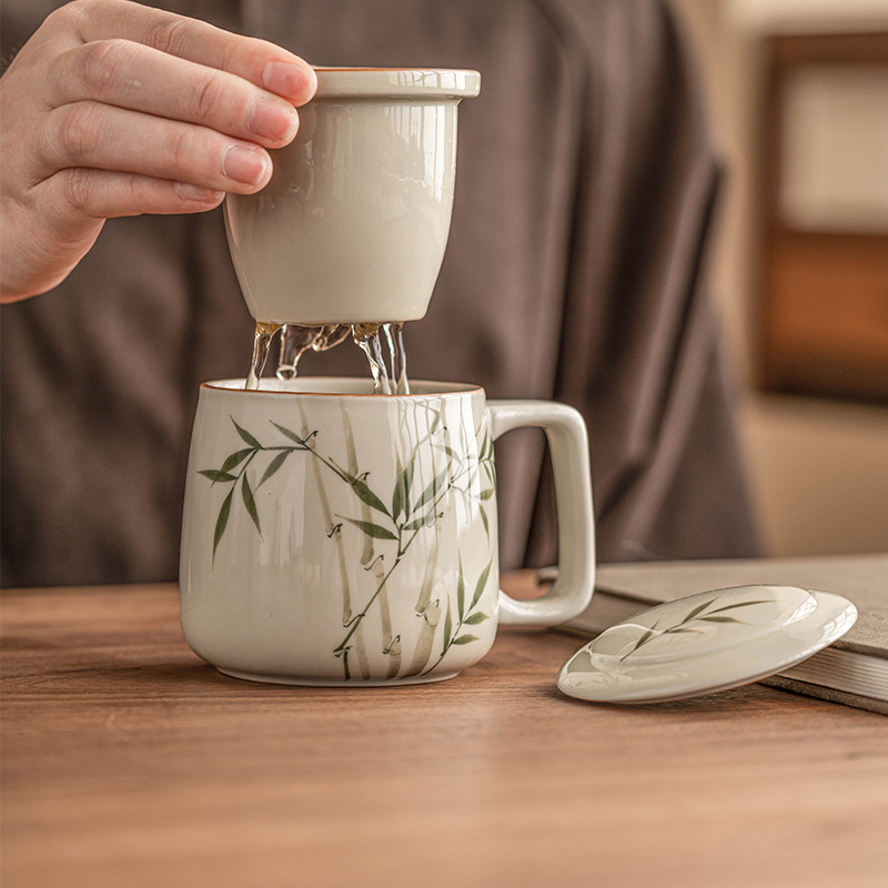 Cốc gốm sứ tre xanh ngọc bích vẽ tay Cốc pha trà tách trà có nắp cốc trà văn phòng cá nhân cốc nước