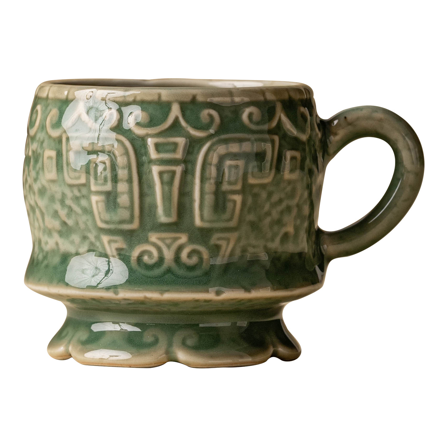 Nhà máy Yue Kiln Celadon cổ cốc chủ nhân cốc đơn Qingyun cừu hoa văn tay cầm cốc lớn cốc trà bộ trà cốc công phu