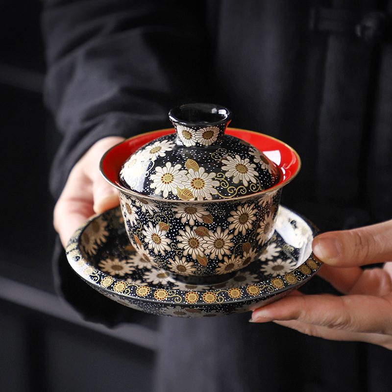 Bộ dụng cụ trà cao cấp ba nắp Jingdezhen Bộ tách trà gốm sứ tách trà bát pha trà có nắp bán buôn tinh tế