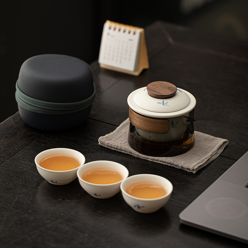 Bộ ấm trà du lịch gốm sứ hoa lan vẽ tay ấm trà thủy tinh di động ngoài trời ấm pha trà cốc nhanh làm quà lưu niệm