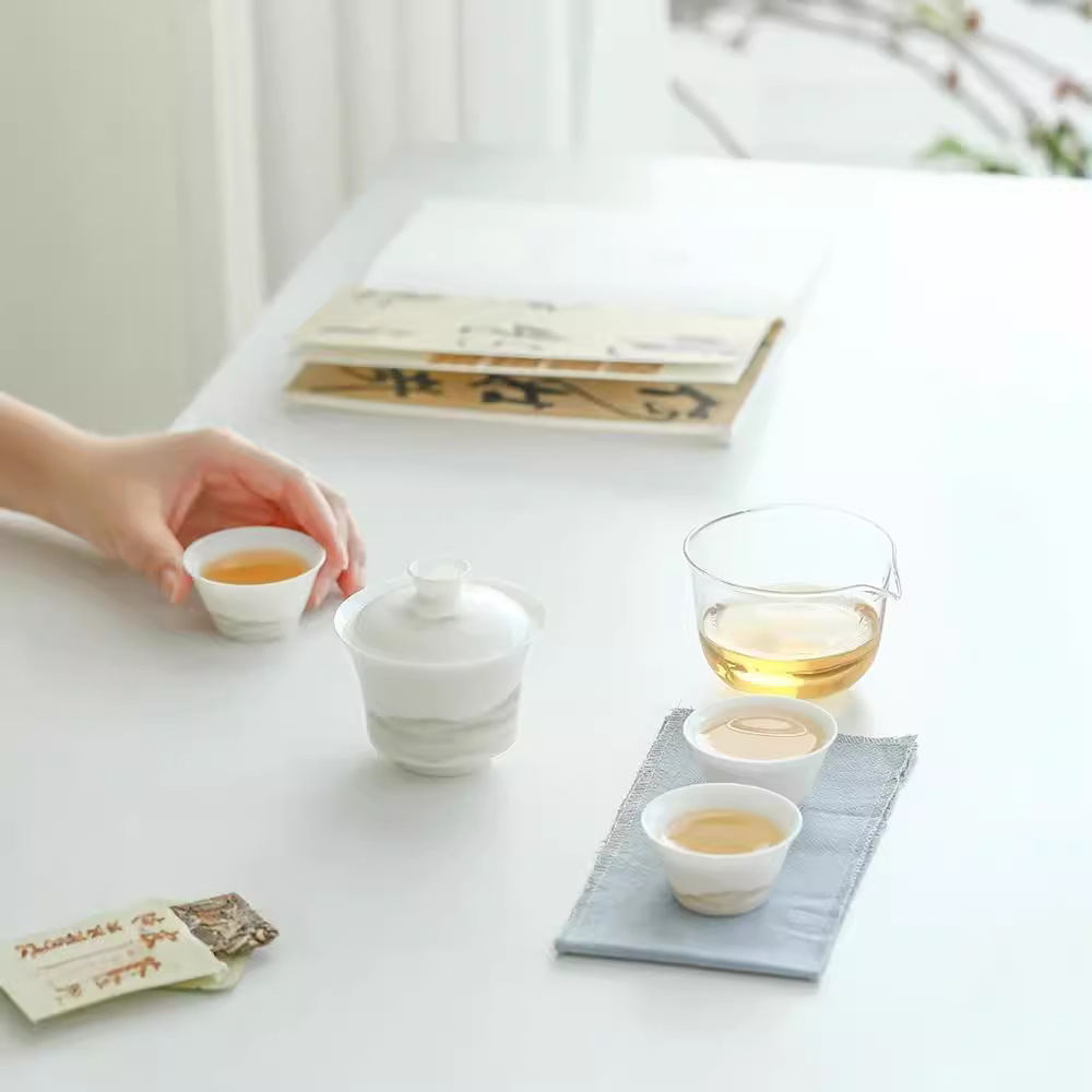 Bộ trà du lịch bằng sứ ngọc bích mỡ cừu, ngoài trời xách tay cầm tay, pha trà mực núi xa, hộp quà Ba cốc