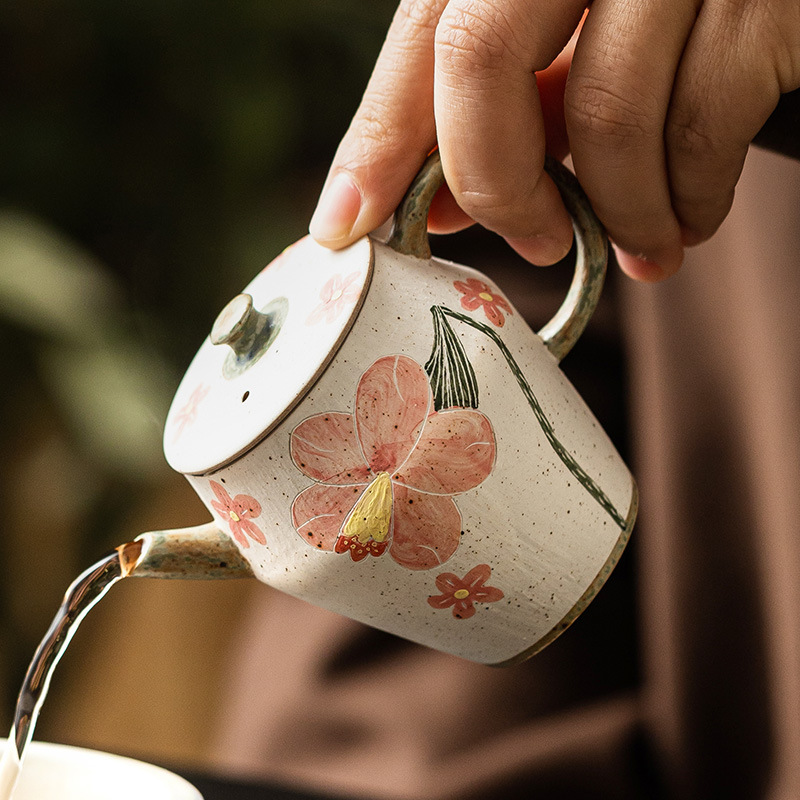 Ấm trà kiểu Trung Quốc màu xám thực vật ấm trà pha trà vai người đẹp hình ống loe vẽ hoa nổi tiếng ấm trà đơn cỡ nhỏ chống bỏng lọc gia dụng