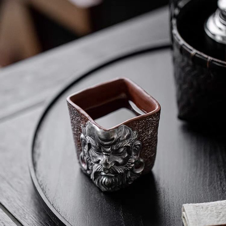 Tách trà men gốm tím vẽ tranh bạc, tách trà hình vuông khoáng sản thô, tách trà thủ công nổi, bát trà Kung Fu cổ điển mạ vàng bạc