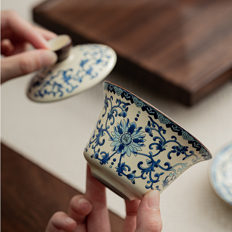 Bát có nắp ba tài màu xanh và trắng Ruyao Bộ ấm trà Kung Fu cổ điển Bát pha trà gốm sứ gia dụng có nắp không nóng