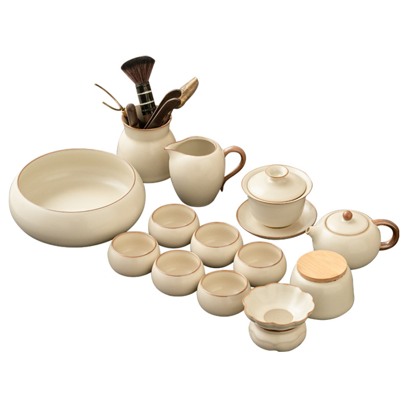 Bộ ấm chén trà Ru Kiln màu be 2025 mới, kiểu dáng đơn giản, dùng trong gia đình, gồm ấm trà Kung Fu có nắp, chén, chén trà và hộp đựng trà.