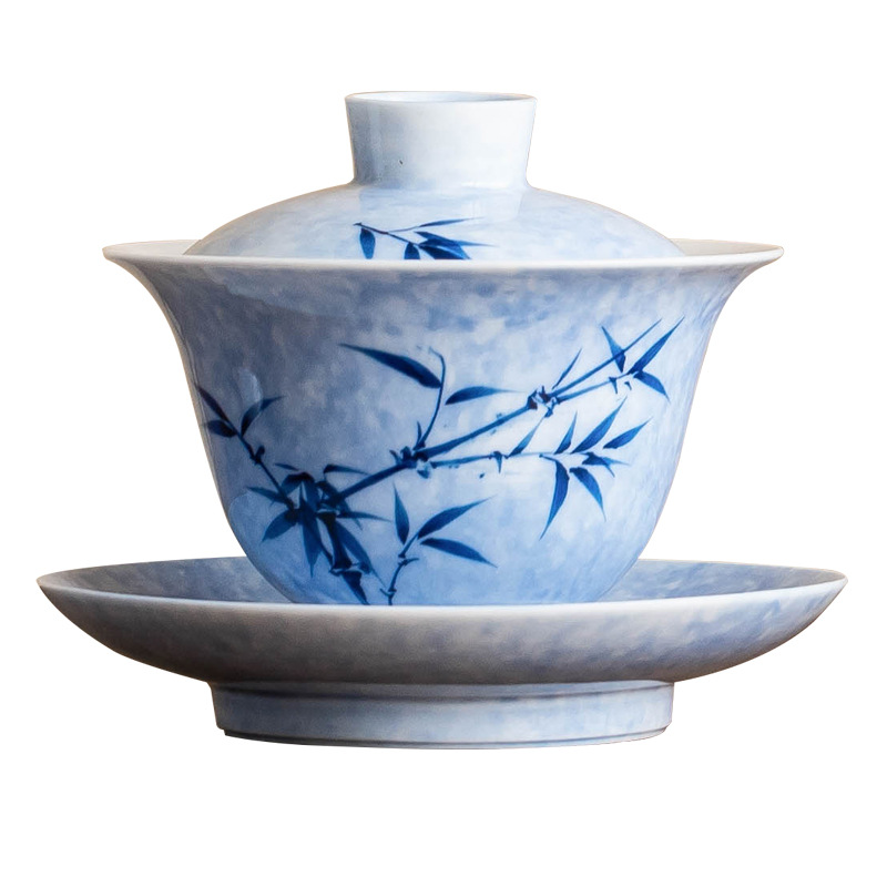 Bát có nắp bằng tre mực vẽ tay Bát pha trà cỡ lớn tam tài cao cấp có nắp Bộ trà kungfu xám thực vật tách trà chống bỏng