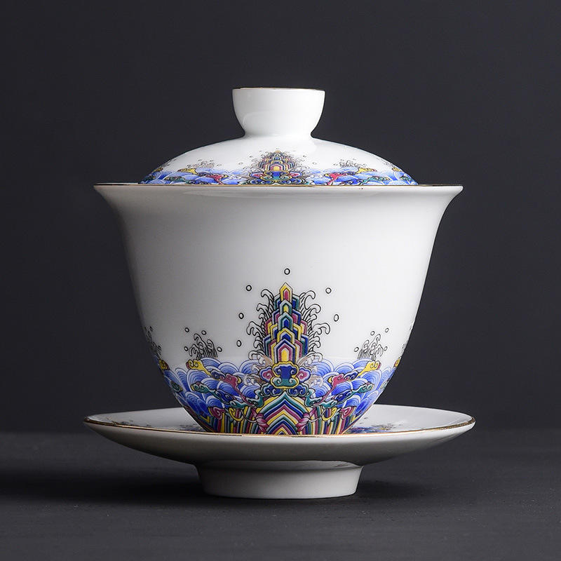 Men sóng biển ba chỉ bát nắp cốc trà gốm sứ bộ trà công phu bát trà gia dụng đơn xưởng bán buôn