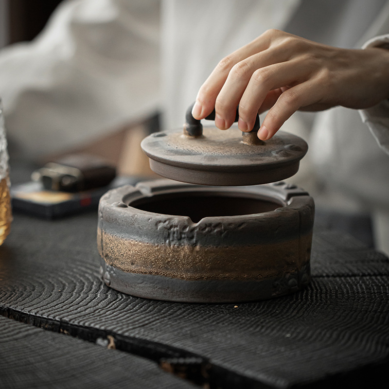 Bán buôn Gạt Tàn Có nắp bằng gốm thô chống bay Xám Zen sáng tạo gia dụng phòng khách văn phòng phong cách retro đồ trang trí bàn trà