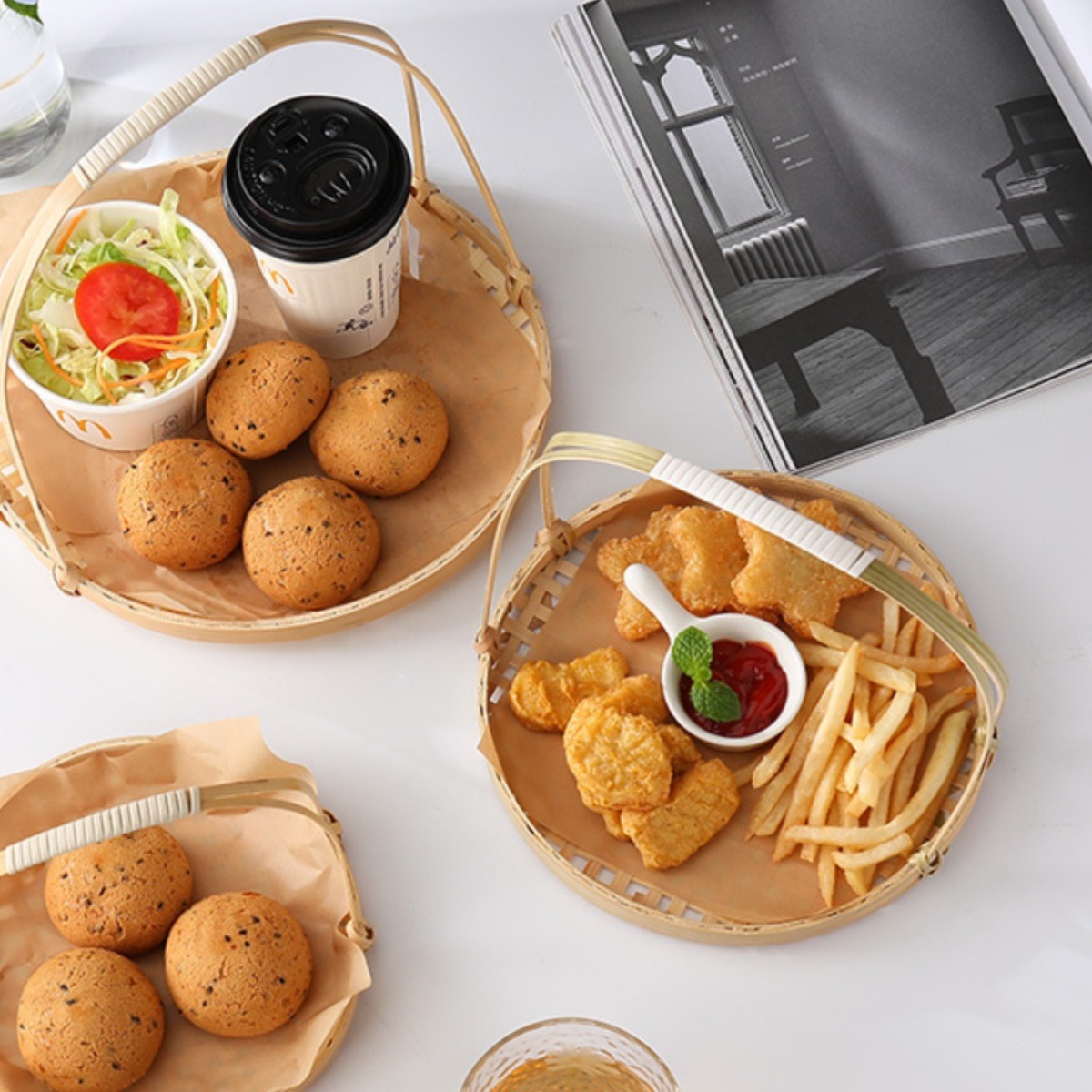 Snack, giỏ khoai tây chiên xanh, giỏ tre, giỏ ăn vặt kiểu Trung Quốc, khay đan bằng tre, đĩa chiên, giỏ trang trí trung thu, bán buôn