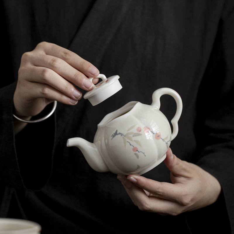 Ấm trà vẽ tay, hồng tráng men màu, ấm bí ngô Ruyi, ấm đơn cổ, dụng cụ pha trà gốm sứ gia dụng