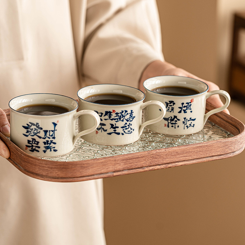 Cốc latte chữ Hán viết tay kiểu Trung Quốc mới cốc cà phê cốc trà chiều cao cấp tinh tế cốc gốm sứ chuyên dụng cá nhân