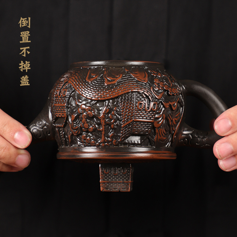Ấm trà gốm tím Jianshui được chạm khắc thủ công hoàn toàn Vạn Lý Trường Thành