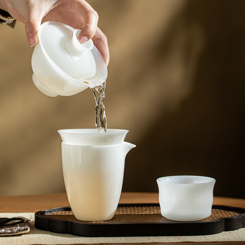 Bộ ấm trà đất sét ngọc bích trắng Bộ ấm chén trà sứ trắng Dehua Bộ ấm trà trọn bộ hộp quà tặng tặng khách hàng