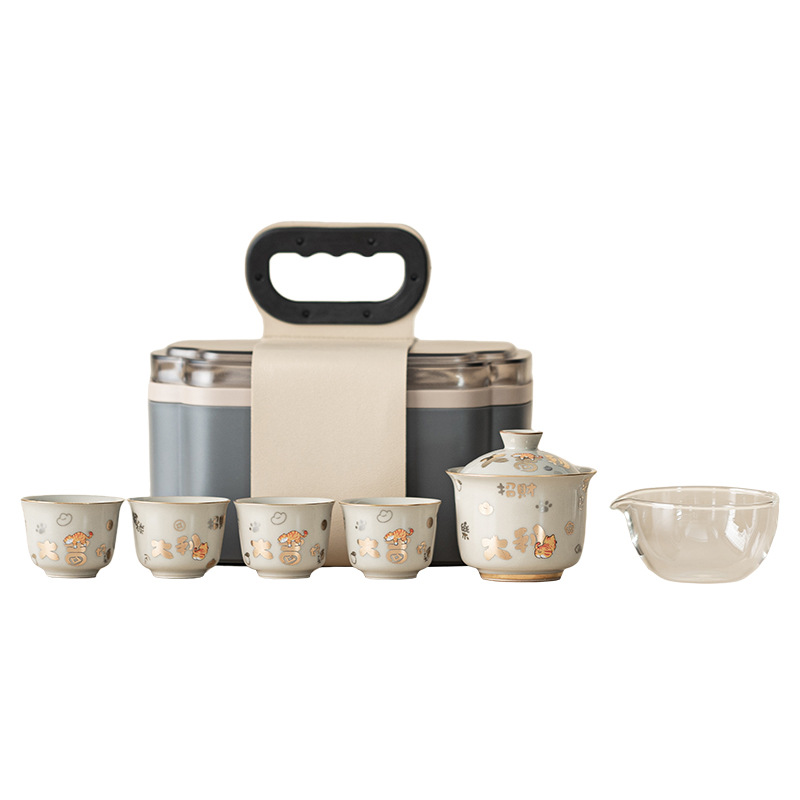 Bộ trà du lịch màu xám cỏ, bộ trà du lịch ngoài trời cắm trại du lịch xách tay một bát bốn chén có khay trà