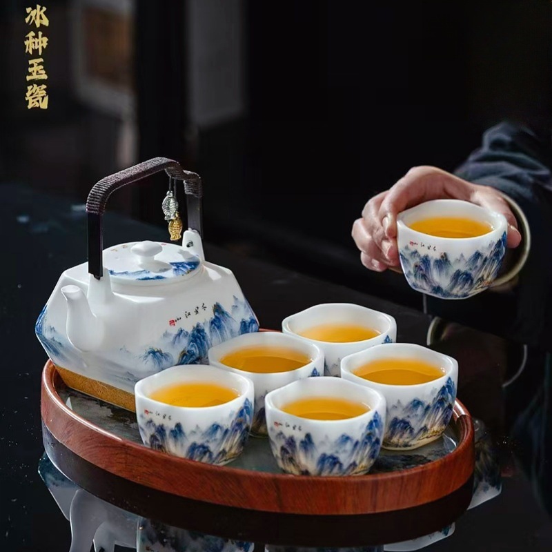 Qianli Jiangshan Kung Fu Bộ trà underglaze màu chịu nhiệt độ cao công suất lớn ấm trà gốm khay trà du lịch bộ trà sang trọng quà tặng