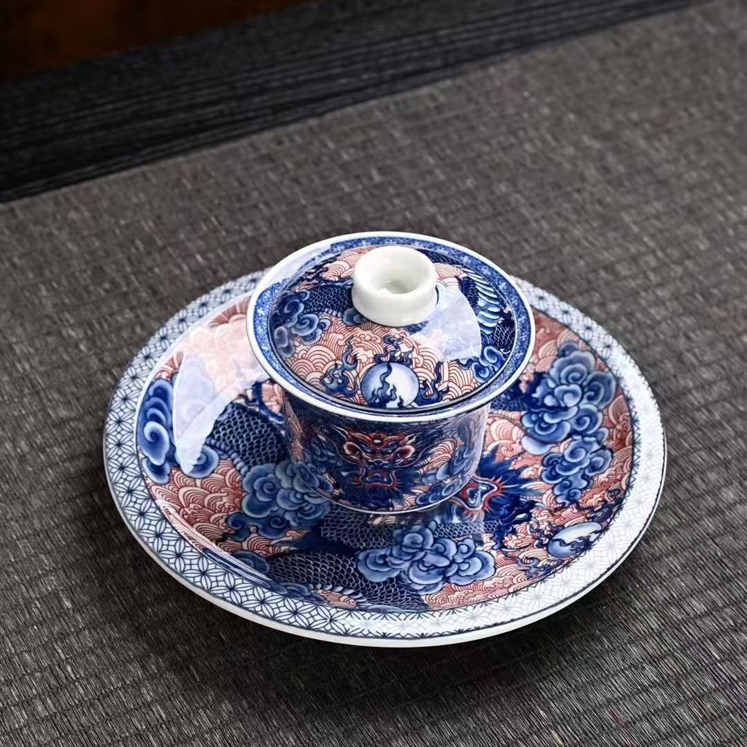 Longteng Shengshi Gaiwan Bộ trà Kung Fu gia đình Bát ba tài năng Cốc trà gia dụng Bát trà sang trọng nhẹ cao cấp.