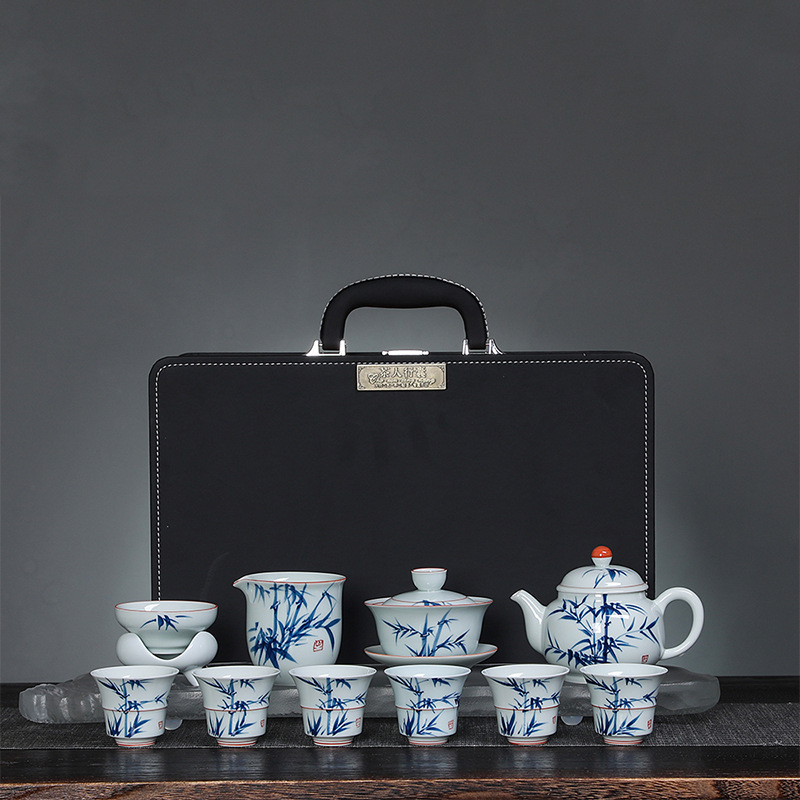 Bộ trà Kung Fu vẽ tay nguyên chất bằng tre men ngọc cổ