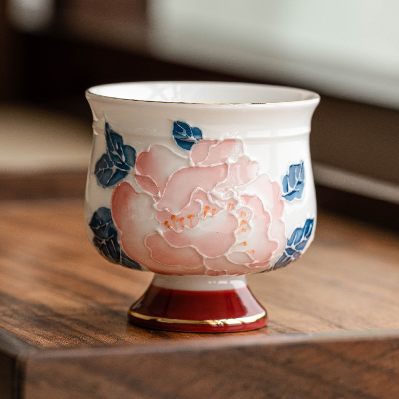 Cốc cao hoa mẫu đơn vẽ tay, cốc chủ nhân, cốc đơn, cốc trà gốm sứ, bộ trà Kung Fu, cốc trà Trung Quốc