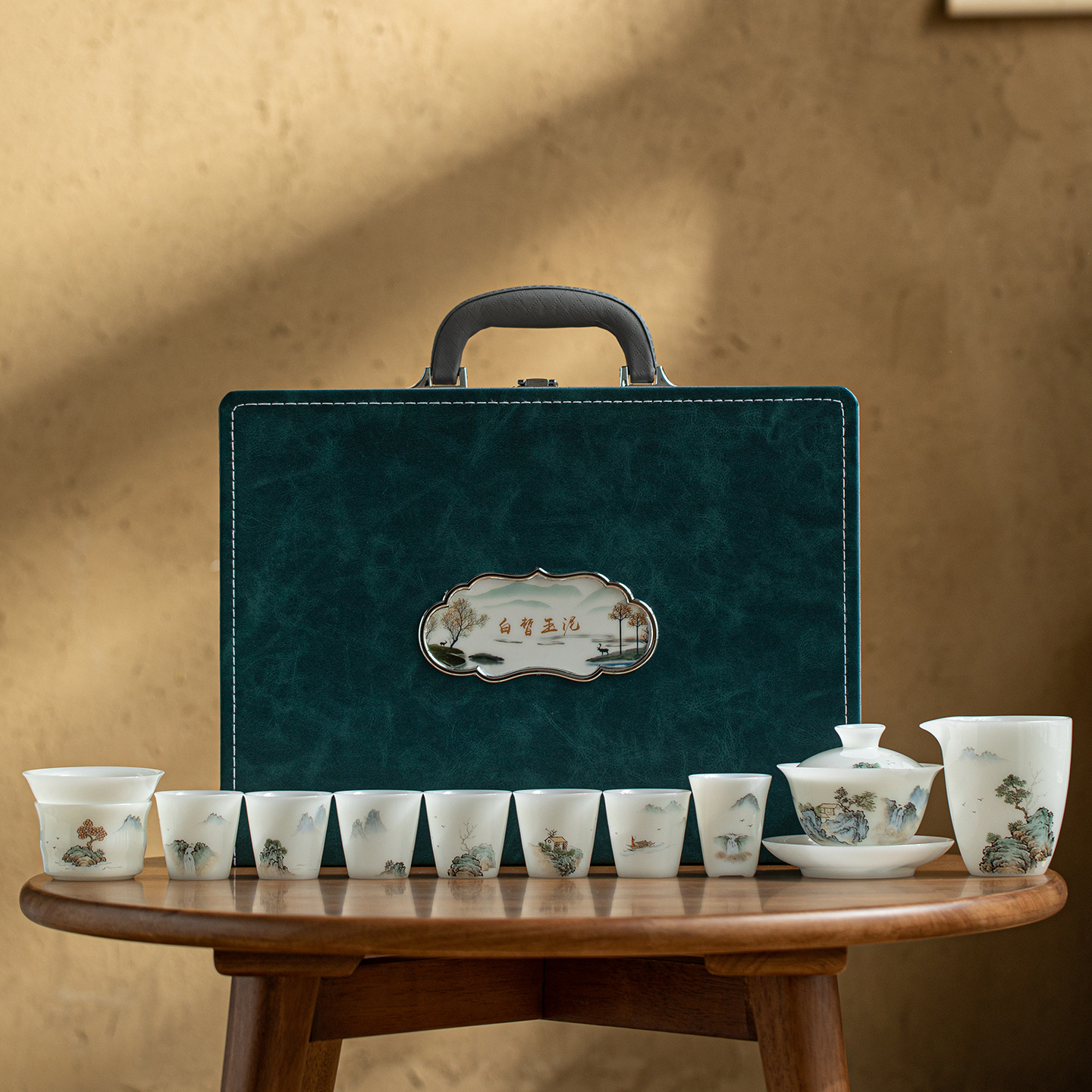 Bộ trà Chunshan Fuzhu vẽ tay bằng bùn ngọc trắng dành cho gia đình tặng quà Bộ ấm trà gốm sứ quà lưu niệm kinh doanh