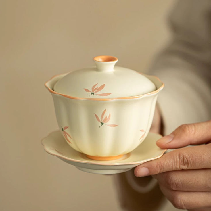 Bát có nắp tam tài viền hoa lan màu be bát pha trà gia dụng gốm sứ không nóng tay dụng cụ pha trà Kung Fu
