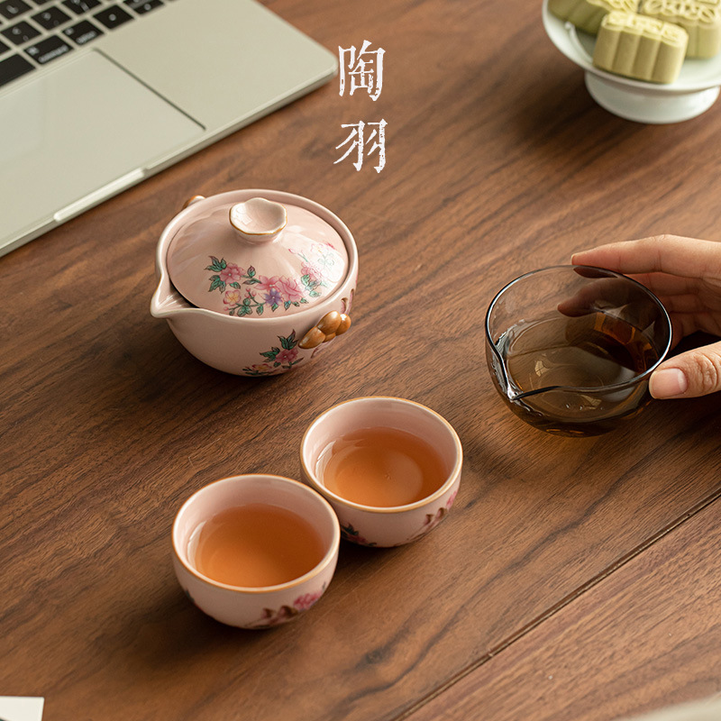 Bộ trà du lịch Pink Ruqi Flower Spirit Cat Một ấm hai tách ấm trà tách trà cốc công bằng gốm sứ di động