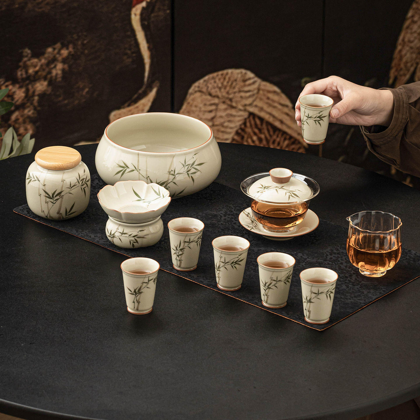 Bộ trà Kung Fu bằng tre xanh ngọc bích vẽ tay cốc trà bát nắp cao cấp gốm sứ mẫu mới 2025 chuyên dùng pha trà gia dụng