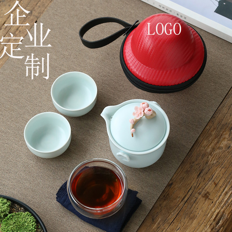 Ruyao Plum Blossom Kuaike Cup Một ấm Ba cốc Bộ trà du lịch cầm tay gốm sứ Hộp Quà Tặng công ty Hộp Quà Tặng tùy chỉnh logo