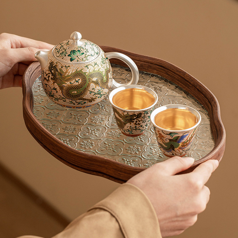 Long Phượng Tường mạ bạc nhẹ sang trọng cao cấp một bình hai cốc gốm sứ gia dụng bộ ấm trà bộ ấm trà hộp quà