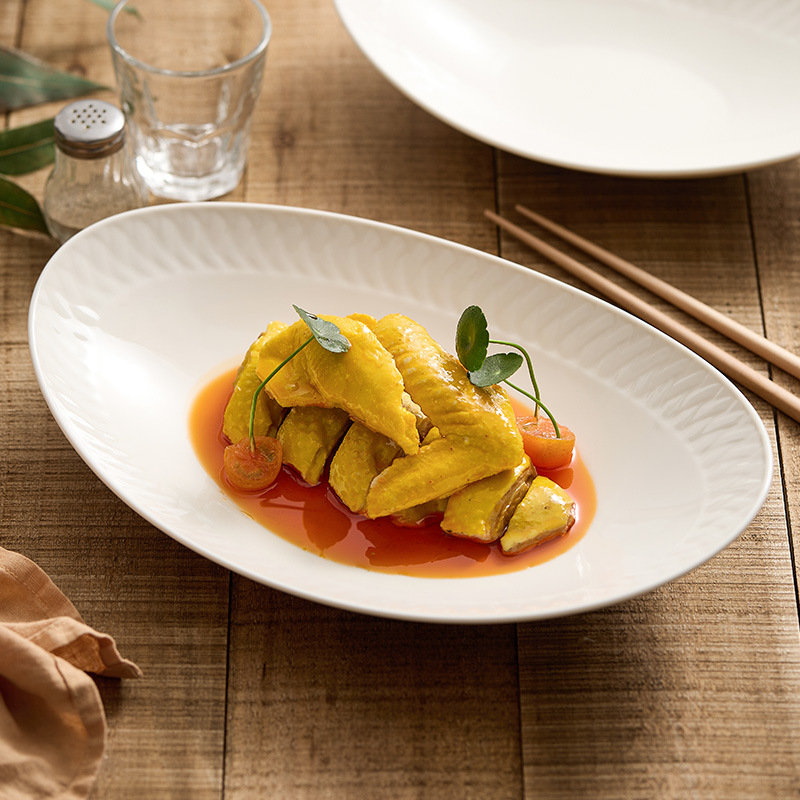 Đĩa ăn bằng gốm, đĩa cá, đĩa hấp cá gia dụng, bộ đồ ăn khách sạn cao cấp, đĩa thức ăn sáng tạo màu trắng tinh khiết, đĩa hình bầu dục, đĩa sâu