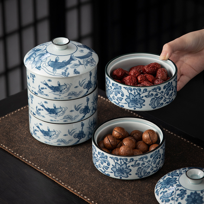 Hộp đựng hoa quả sấy khô nhiều tầng men xanh trắng có nắp, hộp đựng trà, hộp đựng đồ ăn vặt, hộp đựng kẹo, lọ đựng đồ bằng gốm sứ Trung Quốc