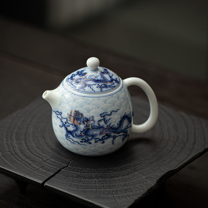 Ấm trứng rồng hoa văn rồng vàng bạc ấm trà gốm sứ ấm đơn dụng cụ pha trà Kung Fu cao cấp ấm pha trà gia dụng cổ điển dung tích nhỏ