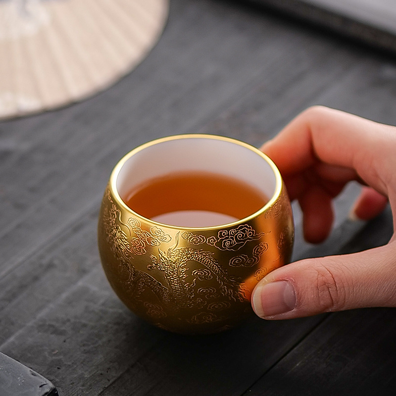 Cốc đôi rồng phượng kiểu Trung Quốc cốc mạ vàng bộ trà Kung Fu cốc chủ nhân cốc đơn tặng quà cốc vàng cốc đổi miệng cốc cưới nâng ly trà