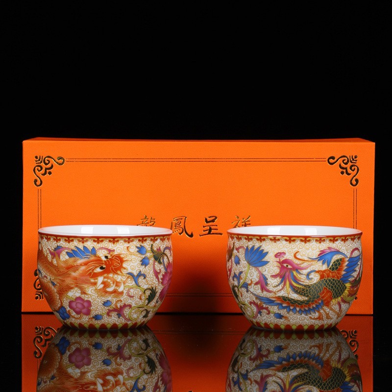 Cốc trà tráng men Jingdezhen Cốc trà Kung Fu Cốc chủ nhân Rồng và Phượng Hoàng Cặp đôi Cốc đơn Cốc cốc cốc cốc cốc cốc ly cưới Bán buôn