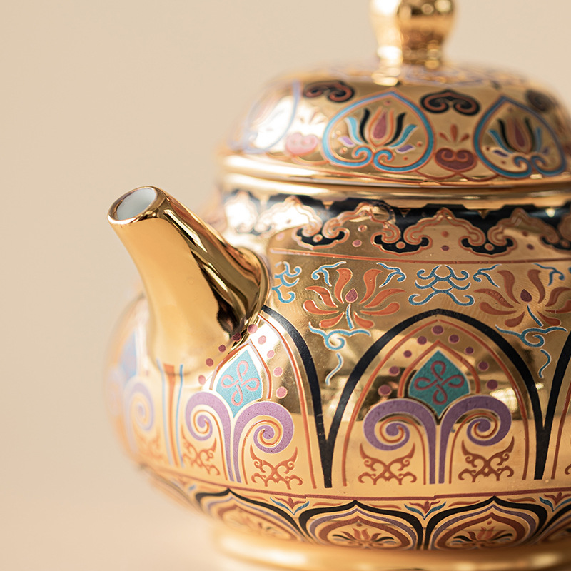 Bộ ấm chén tinh xảo mạ vàng Đôn Hoàng, bộ ấm trà hai cốc, ấm trà văn hóa và sáng tạo, ấm trà, quà tặng cho khách hàng lớn tuổi