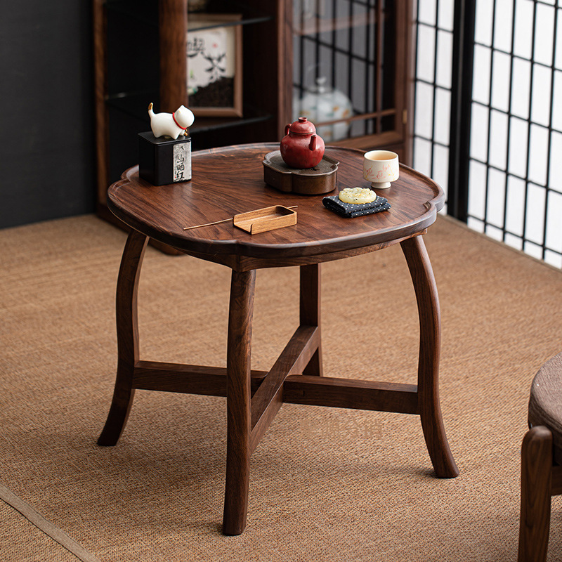 Bàn cà phê gỗ nguyên khối Bắc Âu bàn ban công gia dụng bàn ghế sofa bàn bên cạnh hình tròn nhỏ màu đen Gỗ Óc Chó