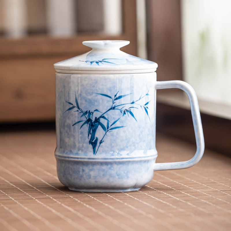 Vẽ tay nhuộm mực trà phong lan trà tre tách nắp treo cốc nước văn phòng cốc nước thanh lịch có nắp cốc pha trà kiểu Trung Quốc