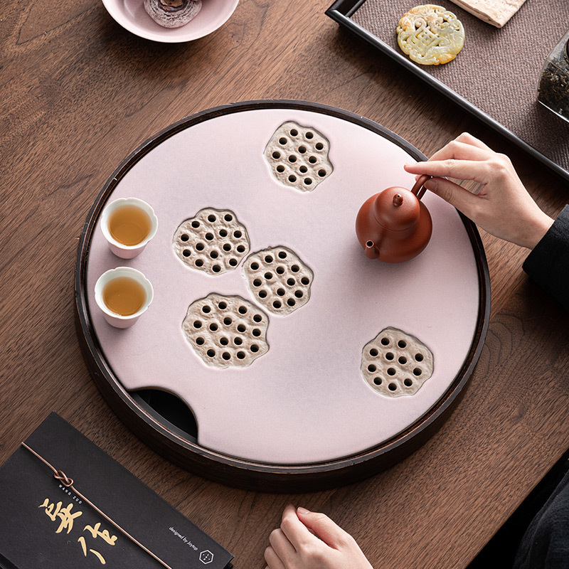 Khay trà hình tròn lò nung Khay trà bàn pha khô Kung Fu loại nhỏ phòng khách gia dụng khay trà Bộ đồ trà gốm sứ khay để ráo nước