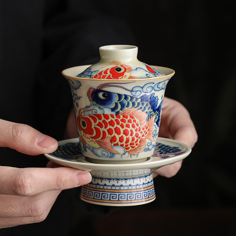 Long cá móng ngựa ba cái nắp cốc trà bát pha trà tinh tế cao cấp gia dụng có nắp bộ trà kungfu đơn không nóng tay