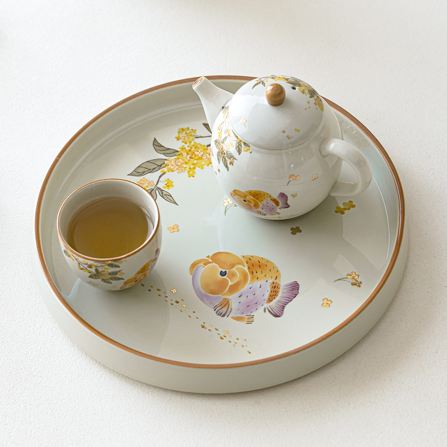 Khay pha khô cá osmanthus vàng xám thực vật phong cách dân tộc khay trà hình tròn gốm sứ gia dụng khay trái cây kiểu Trung Quốc phụ kiện bộ trà Kung Fu
