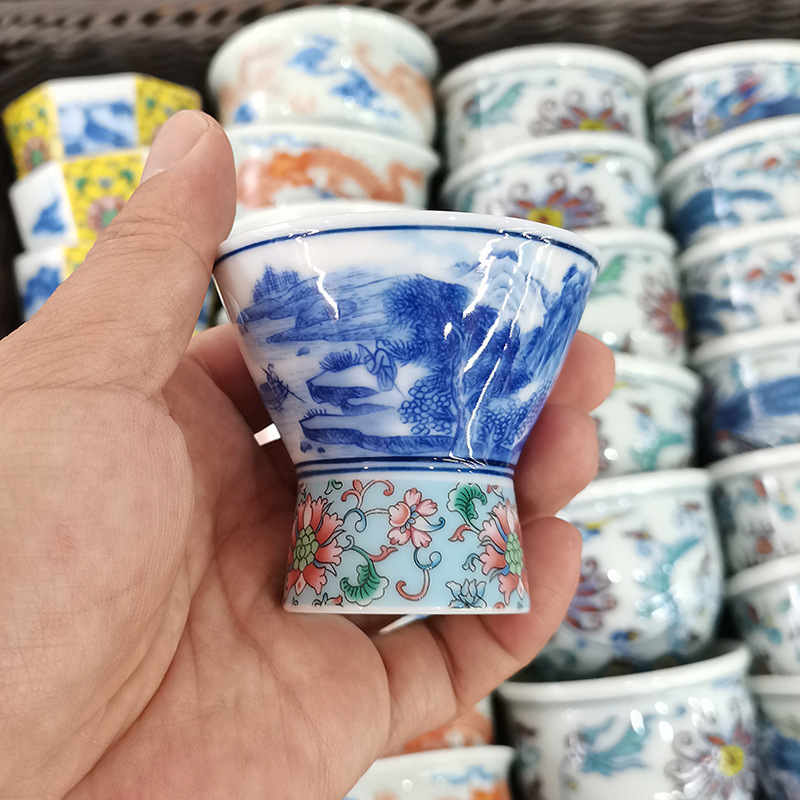 Men chủ cúp Kung Fu bộ trà trà Jingdezhen gốm xanh trắng phong cảnh cao cấp cốc trà trà bát trà cốc