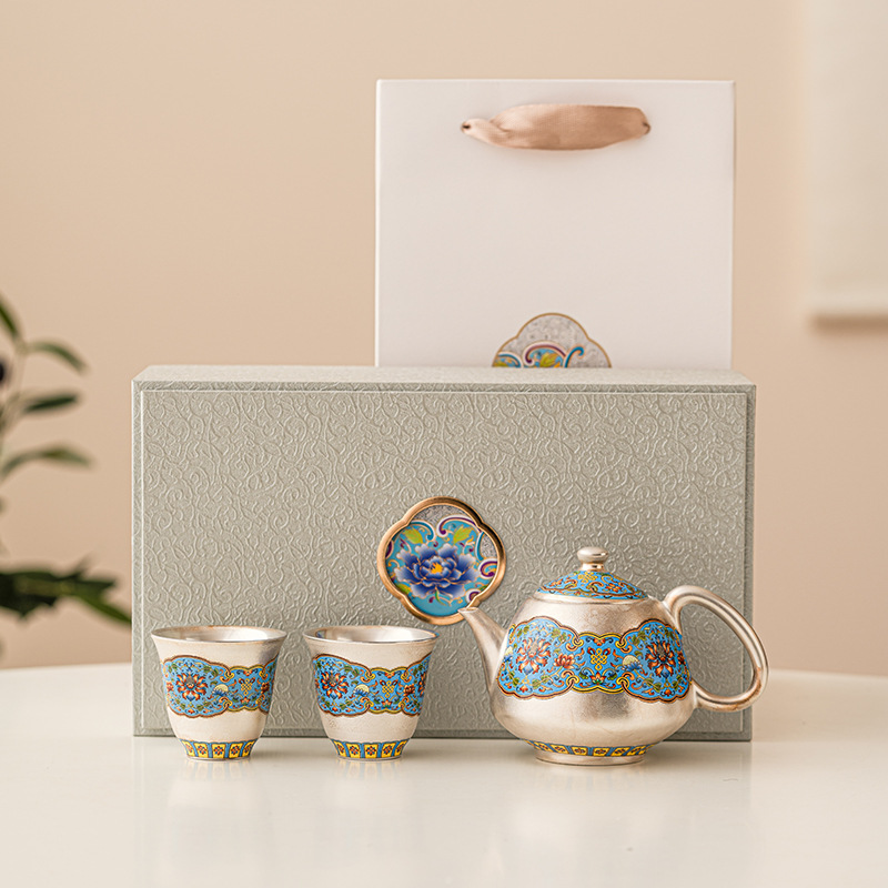 Ấm pha trà mạ bạc 999 men cloisonné, bộ ấm trà một ấm hai cốc, Bộ ấm trà, hộp quà tặng cho lãnh đạo và người lớn tuổi