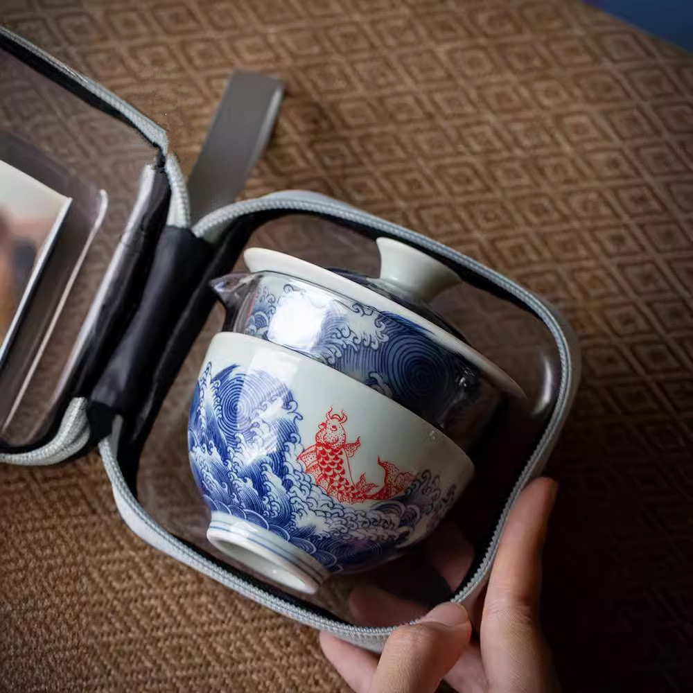 Bộ ấm chén sứ xanh trắng, một ấm hai chén, bộ trà du lịch, chén trà di động, pha trà, phong cách cắm trại ngoài trời