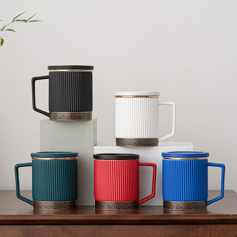 Cốc Mug sọc xanh kiểu Nhật Cốc pha trà tách trà có nắp Gốm Cốc uống nước công suất lớn cho văn phòng cá nhân