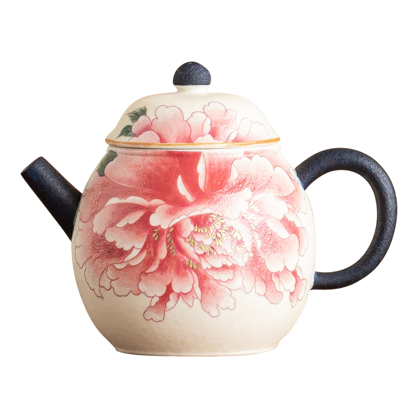 Ấm trà gốm trắng mỏ đá Ấm trà hình quả lê hoa mẫu đơn sơn vàng kiểu Trung Quốc Ấm tay chống bỏng tinh xảo Ấm trà lọc ấm đơn