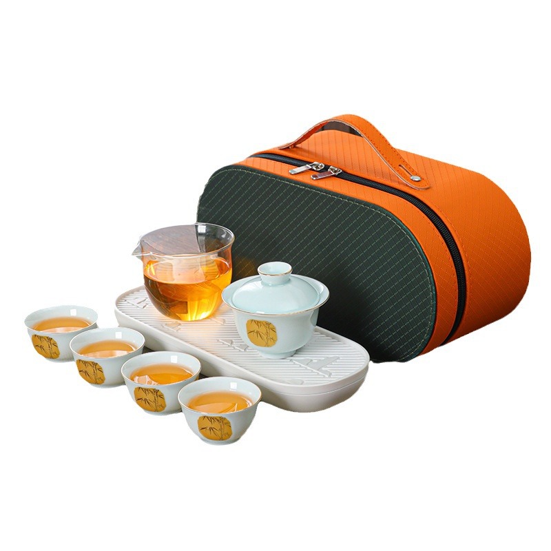 Bộ trà du lịch túi đựng đồ xách tay ngoài trời bát có nắp gốm cốc trà một ấm bốn cốc bộ nhỏ khách nhanh kinh doanh