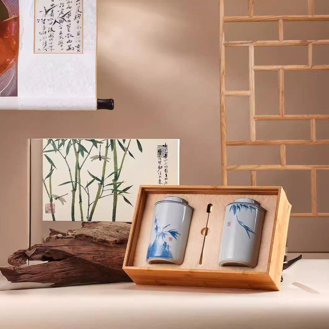 Hộp quà tặng bao bì trà trà Enshi Yulu Long Tỉnh kiểu Trung Quốc hộp rỗng hộp gốm sứ hoa văn tre trà đen trà xanh