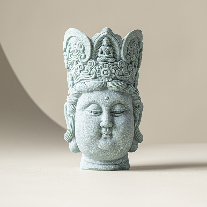 Đồ trang trí đầu Phật sáng tạo bằng đá sa thạch xanh Lingji Bồ tát mới phong cảnh bể cá kiểu Trung Quốc trang trí nhân vật lối vào nhà