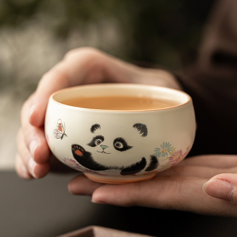 Gạo màu vàng men gấu trúc chơi bướm thiền chén nếm trà bộ trà Kung Fu gốm sứ Trung Quốc cốc chủ sở hữu cốc trà hộp quà