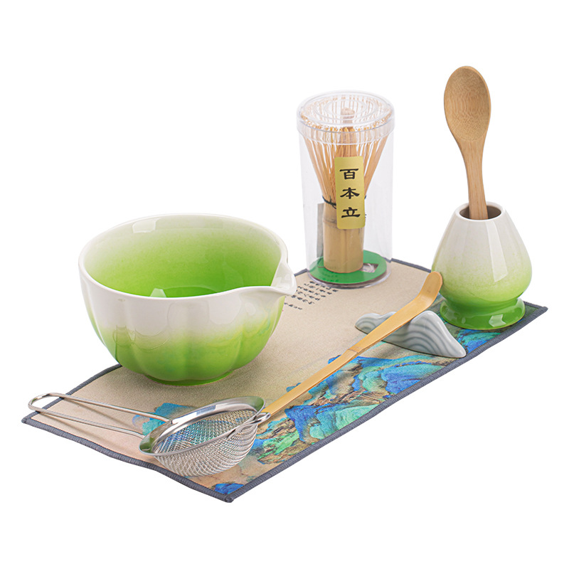 Bộ tám món Matcha cánh hoa, phụ kiện bộ trà gốm sứ gradient, bát trà, bàn chải, bộ lọc, mô phỏng bài hát, trà đạo, trà đạo